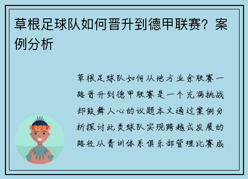 草根足球队如何晋升到德甲联赛？案例分析